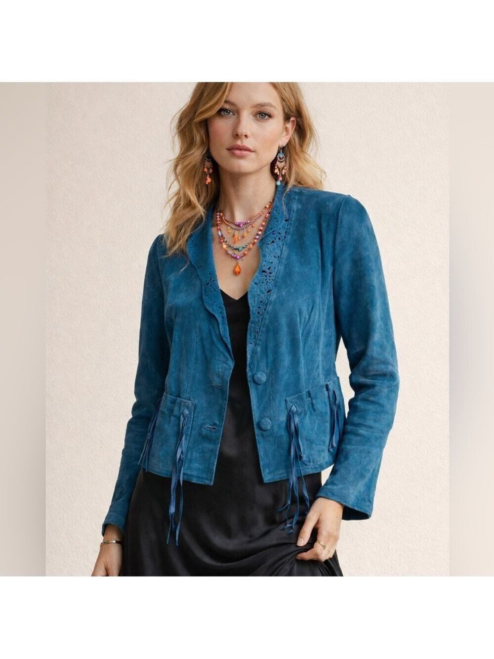 CHI Carlos Falchi Blue Suede Jacket S Laser Cut Trim Boho Western Artwear